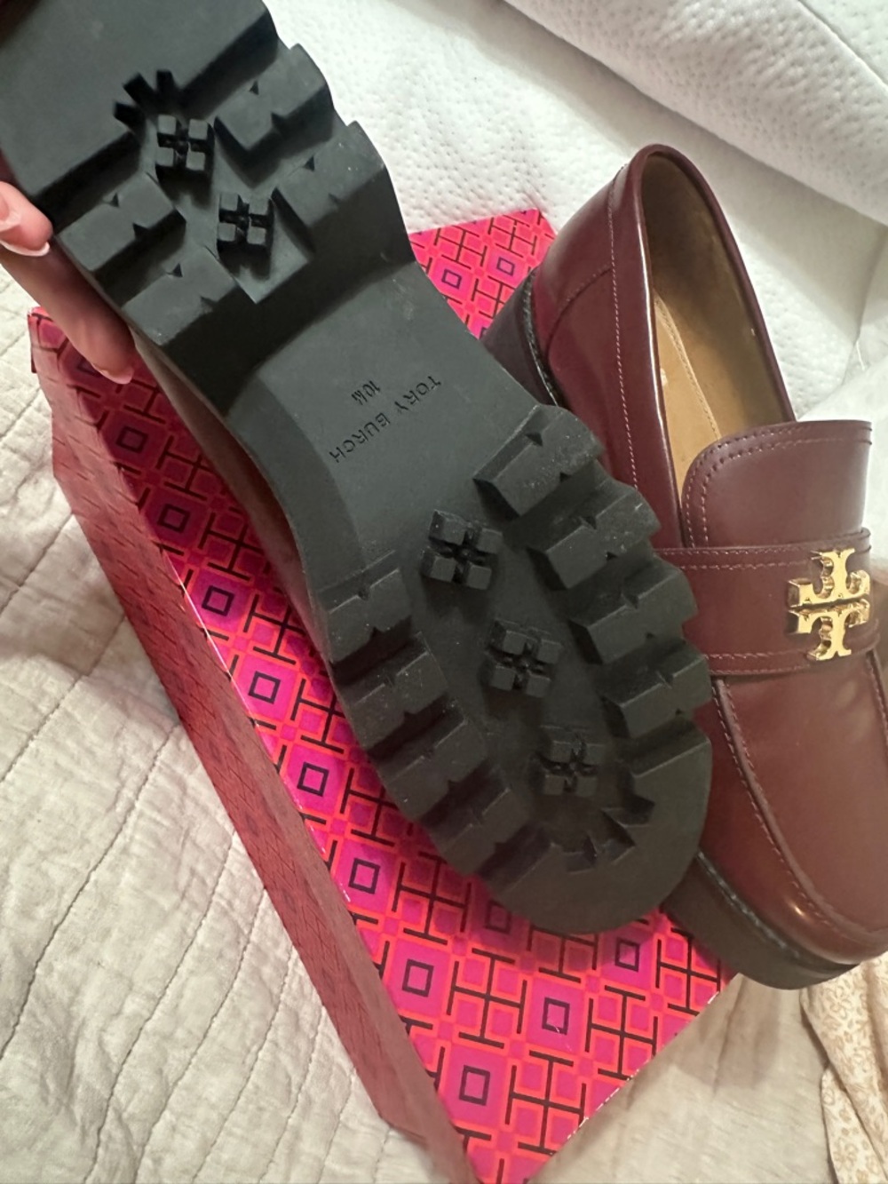 Burgundy Leather Women’s Penny Loafers with Gold Accent - Picture 2 of 3
